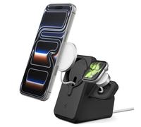 Spigen Magfit Duo Stand Station de Charge MagSafe Compatible avec iPhone/Apple Watch Chargeur MagSafe 2025-2024 pour iPhone 17/16/15, AirPods et Apple Watch Series (Chargeur Non Inclus) - Noir