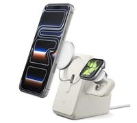 Spigen Magfit Duo Stand Station de Charge MagSafe Compatible avec iPhone/Apple Watch Chargeur MagSafe 2025-2024 pour iPhone 17/16/15, AirPods et Apple Watch Series (Chargeur Non Inclus) - Beige Dune