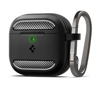 Spigen Rugged Armor Coque pour Apple AirPods 5/4 | Étui TPU mate en deux parties avec mousqueton, protection complète pour modèles 2026/2024 - Noir mat