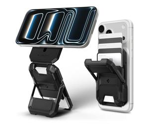 Spigen Tough Armor Pro MagFit Porte-Cartes pour MagSafe & Pixelsnap | Construction robuste en PC avec béquille réglable, accès latéral et rangement jusqu’à 5 cartes - Noir