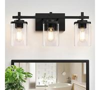 SpigLamm 3 Lights Bathroom Vanity Lighttures, Vanité Noire Moderne Lights Over Mirror avec Une Teinte en Verre Transparent pour la Salle de Bain, Lampe Murale pour Le Couloir de Chambre à Coucher