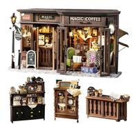 Spilay Kit de construction de maison miniature avec meubles en bois, maison de poupée DIY avec couvercle anti-poussière et LED, échelle 1:24, créative pour femmes, petite amie, amoureux (café vintage)