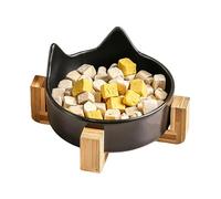 Spill-Proof Cat Bowl, Cat Feeding Bowl, Wooden Stand Bowl, Pet Water Dish, Spill-Proof Ceramic Cat Bowls with Wooden Stand Anti-Fall Dog Food Bowl with Cute Cat Ear Design and Spill-Proof Feature