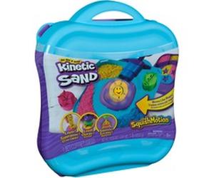 Spin Master Kinetic Sand, SquishMotion, Coffret avec 453 grammes de sable de jeu rose, jaune et bleu, tampon et 5 outils, boîte de rangement réutilisable, jouets sensoriels pour les enfants à partir d