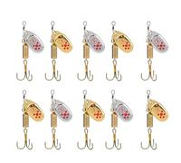 Spinner Baits Fishing Lures - Metal Spinner Set, Three Hook Hooked Pack, Gold Finish Tackle Gear, Bass Catching Equipment for Rivers Lakes Ponds Streams | Offshore Angling Use, Fishing Prac
