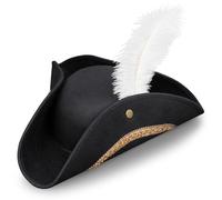 Spinosaurus Chapeau de pirate pour homme et femme - Noir - Trois pointes avec plume - Accessoire de pirate pour hommes et femmes - Accessoire de costume d'Halloween