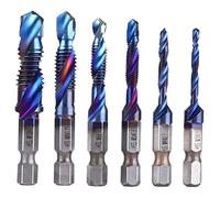 Spiral Tap Drill Bit Set 6pcs | Blue Plating Coating Hex Shank Drill and Tap Kit for Soft Metals/Aluminum/Plastic | M3 M4 M5 M6 M8 M10 Sizes
