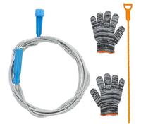 Spirale de nettoyage de tuyaux, 300cm de spirale de débouchage, avec 1 paire de gants noirs et 1 pièce de cure-pipe en plastique, pour l'évier, la baignoire, les toilettes (manche bleu)