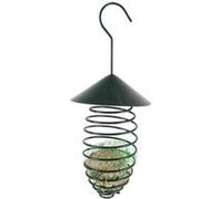 Esschert Design Futterfeder mit Dach, hängend, Gefäß für Futterbälle, Futterkugeln, Metall, mit Hacken, Höhe 24 cm, dunkelgrün