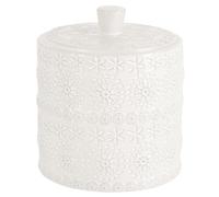 Spirella Boîte à cotons en relief pour maquillage et bijoux, distributeur de coton en porcelaine blanche, petit bâtonnet en coton, distributeur en plastique, coussinets ronds, rangement avec couvercle