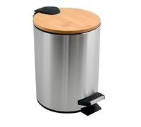 Spirella - Poubelle de Salle de Bain à Pédale en Acier ADONIS - Couvercle Bambou - Fermeture Douce Easy-Close, Bac Intérieur - Ø 20,5 x 25,5 cm - 5L - Brossé