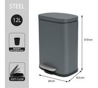 Spirella poubelle cosmétique 12 litres en inox avec abaissement automatique et seau intérieur "Akira" Poubelle de salle de bain Softclose poubelle grise mate
