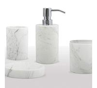 Spirella Set de 4 accessoires de salle de bain en marbre Sana - Distributeur de savon, porte-savon, boîte de rangement et gobelet à brosse à dents - Marbre blanc