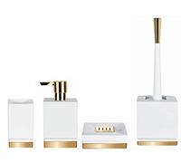 Spirella Set de 4 accessoires de salle de bain en porcelaine Roma, distributeur de savon, brosse WC, porte-savon, boîte de rangement et gobelet à brosse à dents Blanc/doré