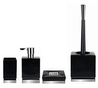 Spirella Set de 4 accessoires de salle de bain en porcelaine Roma, distributeur de savon, brosse WC, porte-savon, boîte de rangement et gobelet à brosse à dents Noir/argenté