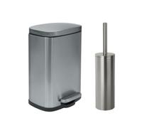 Spirella - Set Poubelle à Pédale + Brosse WC en Acier AKIRA - Fermeture Douce Easy-Close, Anti Trace de Doigts - 21,4 x 17,6 x 30 cm - 5L - Inox Brossé