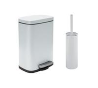 Spirella - Set Poubelle à Pédale + Brosse WC en Acier AKIRA - Fermeture Douce Easy-Close, Revêtement Anti Trace de Doigts - 21,4 x 17,6 x 30 cm - 5L - Blanc Mat