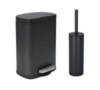 Spirella - Set Poubelle à Pédale + Brosse WC en Acier AKIRA - Fermeture Douce Easy-Close, Revêtement Anti Trace de Doigts - 21,4 x 17,6 x 30 cm - 5L - Noir Mat