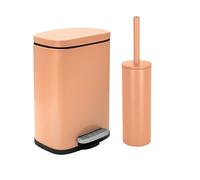 Spirella - Set Poubelle à Pédale + Brosse WC en Acier Akira - Fermeture Douce Easy-Close, Revêtement Anti Trace de Doigts - 21,4 x 17,6 x 30 cm - 5L - Pêche Mat