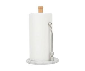 Spiretro Élégant porte-serviettes en marbre et bois - Base en marbre blanc véritable, tige en bois naturel et bras de tension en acier inoxydable - Compatible avec les rouleaux Jumbo - 19,7 cm (l) x