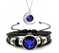 Spirilet Bracelet Manifestation du Zodiaque, Bracelet Esprit des Signes du Zodiaque, Bracelet en Cuir Multicouche Réglable 12 Constellations et Collier Pendentif Lune for Hommes Femmes Filles Ensemble
