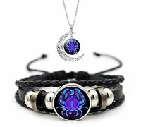 Spirilet Bracelet Manifestation du Zodiaque, Bracelet Esprit des Signes du Zodiaque, Bracelet en Cuir Multicouche Réglable 12 Constellations et Collier Pendentif Lune for Hommes Femmes Filles Ensemble