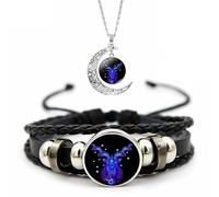Spirilet Bracelet Manifestation du Zodiaque, Bracelet Esprit des Signes du Zodiaque, Bracelet en Cuir Multicouche Réglable 12 Constellations et Collier Pendentif Lune for Hommes Femmes Filles Ensemble