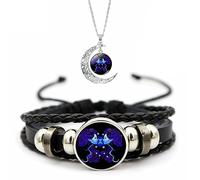 Spirilet Bracelet Manifestation du Zodiaque, Bracelet Esprit des Signes du Zodiaque, Bracelet en Cuir Multicouche Réglable 12 Constellations et Collier Pendentif Lune for Hommes Femmes Filles Ensemble