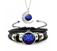 Spirilet Bracelet Manifestation du Zodiaque, Esprit des Signes du Zodiaque, Cuir Multicouche Réglable 12 Constellations et Collier Pendentif Lune pour Hommes Femmes Filles Ensemble