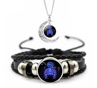 Spirilet Bracelet Manifestation du Zodiaque, Esprit des Signes du Zodiaque en Cuir Multicouche Réglable 12 Constellations et Collier Pendentif Lune pour Hommes Femmes Filles Ensemble