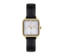 Spirit Montre à quartz analogique plaquée or avec bracelet en cuir noir et nacre pour femme, Noir , Vintage