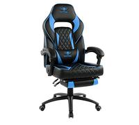 Spirit Of Gamer - Mustang Series - Chaise Gaming - Simili Cuir capitonné - Repose Pieds - Coussin Nuque & Lombaires - Accoudoirs Articulés - Inclinable 135° - Logo Surpiqué (Bleu)