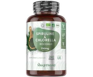 Spiruline Chlorella Bio - 240 Gélules Vegan 1740 mg par Portion, Riches en Protéines, Fer, Vitamines B, Chlorophylle & Acides Gras Essentiels - Oméga 3 & 6, Algues Alimentaires Spiruline & Chlorelle