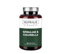Spiruline Chlorella 1800mg Vegan - Détox BIO-disponible - Énergie + Satiété + Force - Riche Proteines Vitamines et Phycocyanine - 180 Gélules 100% Végétaliennes Nutralie