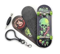 SPITBOARDS 32 x 96 mm - Skateboard complet en bois assemblé - 5 couches - Trucks argentés avec bushings et écrous - Roues à roulement CNC en vert transparent - Ruban adhésif laser vert citron - Crâne