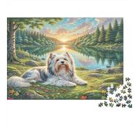 Spitz Allemand Papier Chien Blanc à Poils Longs près d’Un lac Calme au Lever du Soleil Puzzle Anti-Ennui Cadeau de Collection 52x38cm/1000 pièces