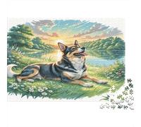 Spitz Japonais Papier Premium Mix Husky dans Une Prairie Fleurie près d’Un lac Puzzle DIY Jouet éducatif pour débutants 70x50cm/1000 pièces