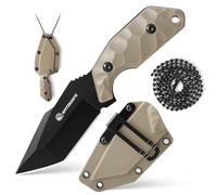 SPITZKANTE Neck Knife X-TAN-K, Petit couteau Full Tang avec lame Tanto de 7,8 cm en acier 5Cr14MoV, EDC Couteau Outdoor Fixe, avec fourreau ABS, chaîne à billes, lame Noir-Khaki Griff
