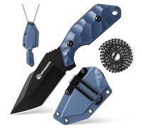 SPITZKANTE Neck Knife X-TAN-K, petit couteau Tanto Full Tang avec lame en acier 5Cr14MoV de 7,8 cm, couteau fixe EDC Outdoor avec étui ABS, chaîne à boules, manche noir-bleu