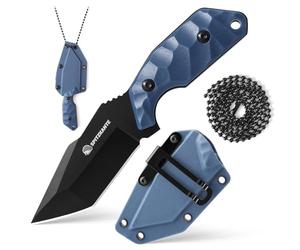 SPITZKANTE Neck Knife X-TAN-K, petit couteau Tanto Full Tang avec lame en acier 5Cr14MoV de 7,8 cm, couteau fixe EDC Outdoor avec étui ABS, chaîne à boules, manche noir-bleu