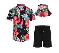 SPKPKEY Ensemble chemise hawaïenne et short pour homme, coupe droite, manches courtes, tenue de plage décontractée avec chapeau bob, tailles S à XXL, Fleur noire et rouge, M