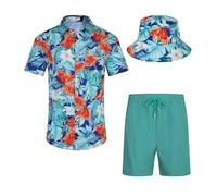 SPKPKEY Ensemble chemise hawaïenne et short pour homme, coupe droite, manches courtes, tenue de plage décontractée avec chapeau bob, tailles S à XXL, Impression verte., L