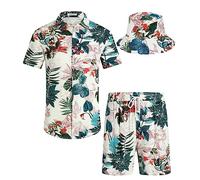 SPKPKEY Ensemble de 2 chemises hawaïennes et shorts pour homme - Chemise décontractée boutonnée - Tenue de plage d'été avec chapeau cloche, Feuilles kaki et vertes, L