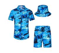 SPKPKEY Ensemble de 2 chemises hawaïennes et shorts pour homme - Chemise décontractée boutonnée - Tenue de plage d'été avec chapeau cloche, Bleu et palmier, XL