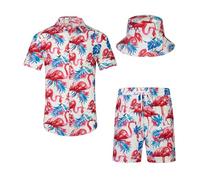 SPKPKEY Ensemble de 2 chemises hawaïennes et shorts pour homme - Chemise décontractée boutonnée - Tenue de plage d'été avec chapeau cloche, Flamant rose blanc et rouge, XL