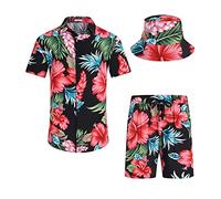 SPKPKEY Ensemble de 2 chemises hawaïennes et shorts pour homme - Chemise décontractée boutonnée - Tenue de plage d'été avec chapeau cloche, Fleur noire et rouge, M