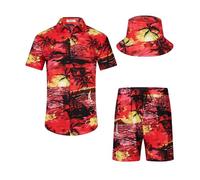 SPKPKEY Ensemble de 2 chemises hawaïennes et shorts pour homme - Chemise décontractée boutonnée - Tenue de plage d'été avec chapeau cloche, Rouge et palmier, L