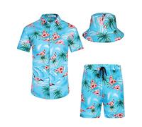 SPKPKEY Ensemble de 2 chemises hawaïennes et shorts pour homme - Chemise décontractée boutonnée - Tenue de plage d'été avec chapeau cloche, Flamant bleu ciel, XXL