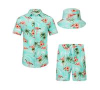 SPKPKEY Ensemble de 2 chemises hawaïennes et shorts pour homme - Chemise décontractée boutonnée - Tenue de plage d'été avec chapeau cloche, Flamant vert clair, 3XL