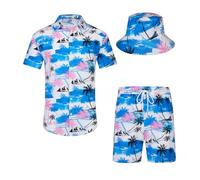 SPKPKEY Ensemble de 2 chemises hawaïennes et shorts pour homme - Chemise décontractée boutonnée - Tenue de plage d'été avec chapeau cloche, Palmier blanc, XL